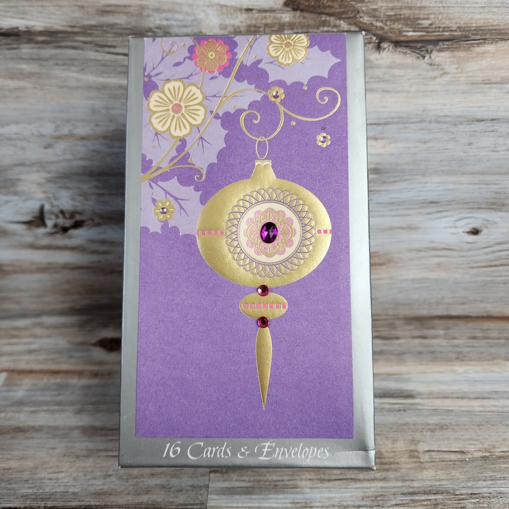 American Greetings Christmas Cards Purple Gold Ornament Gemstones 16 Count Boxed